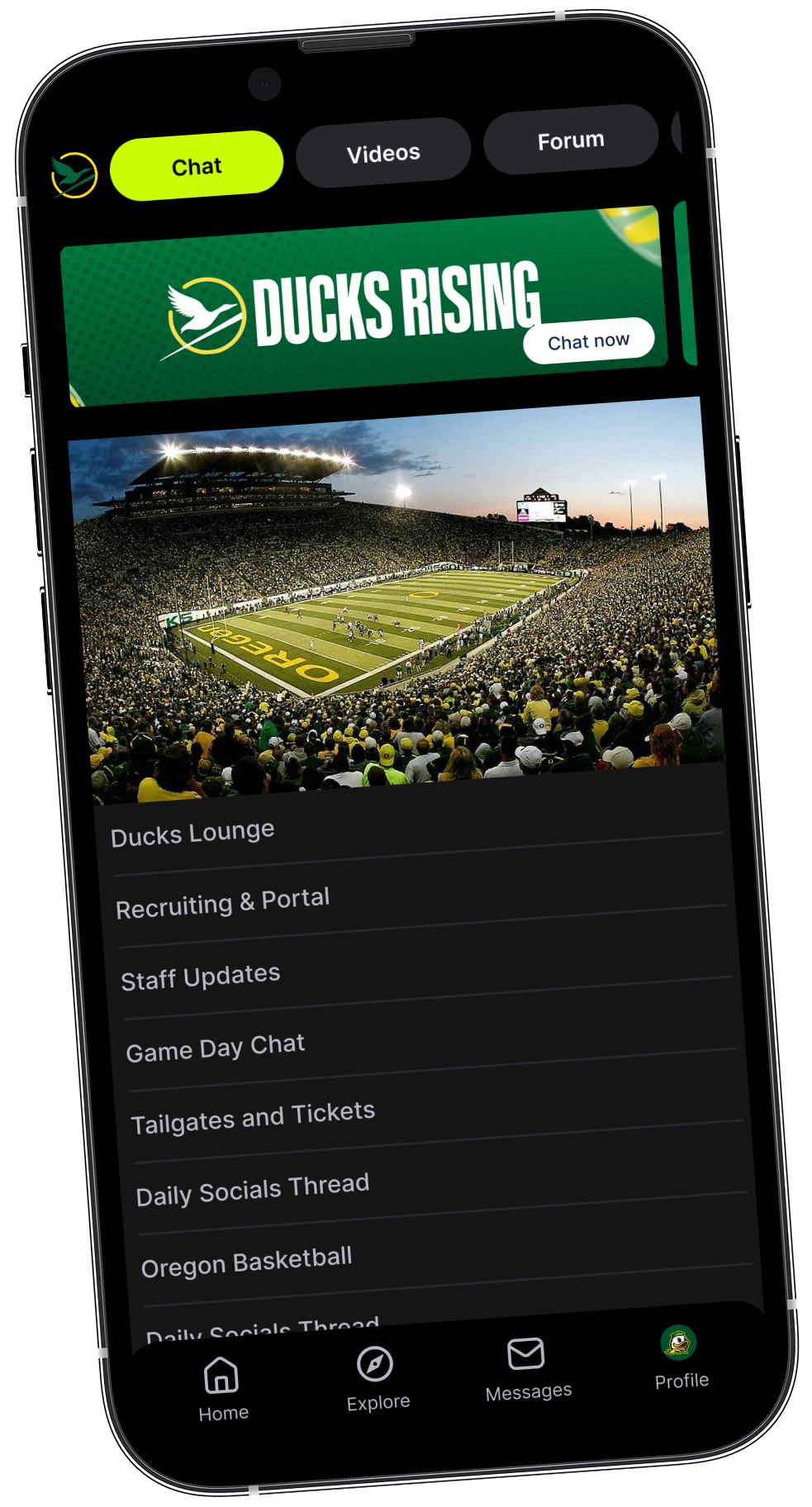 Ducks Rising app community chat screen