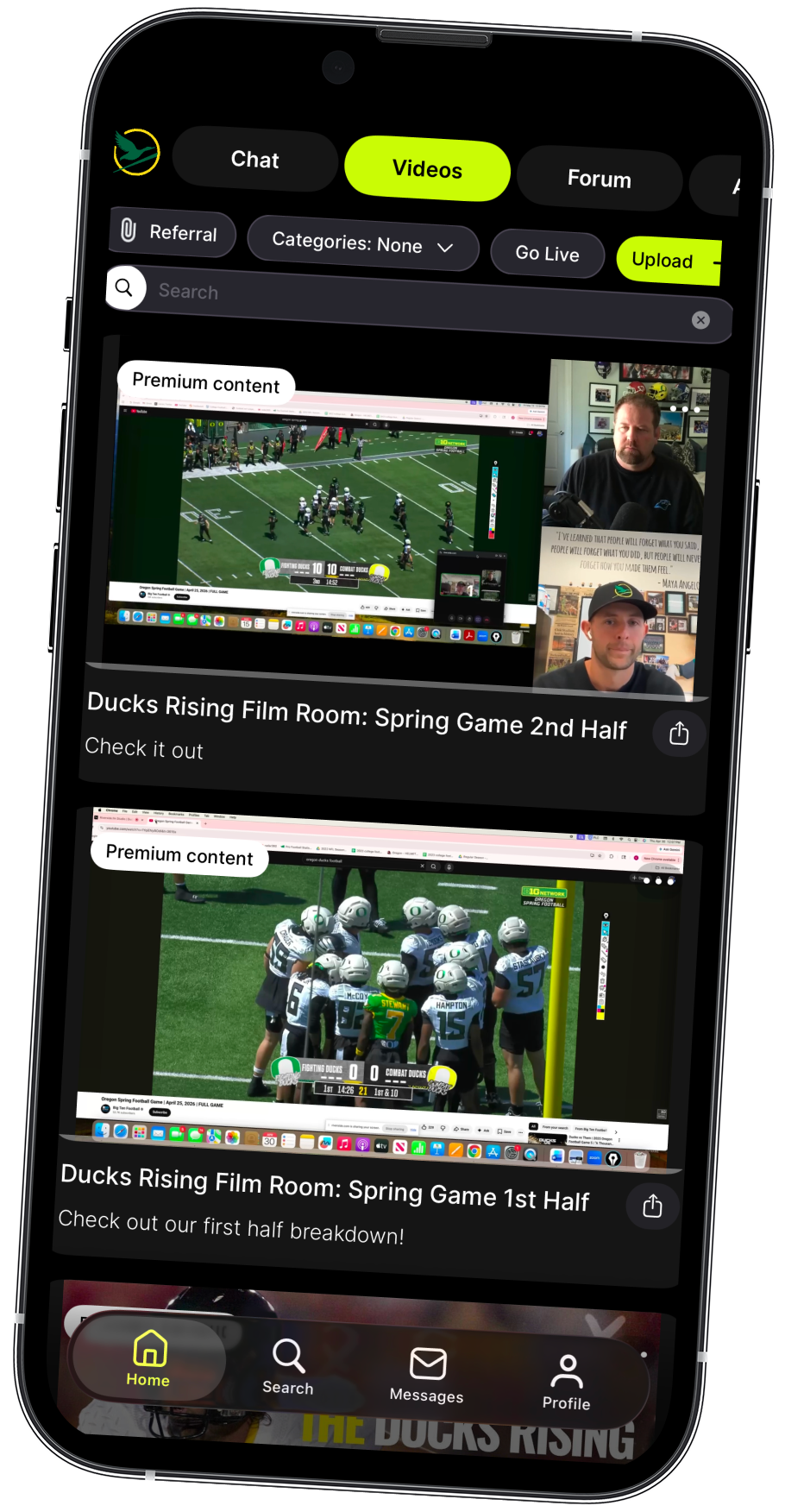 Ducks Rising app videos screen